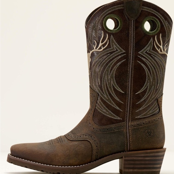 Ariat Men's Hybrid Roughstock Antler Dark Brown Boots with Cream Accents - Picture 4 of 15